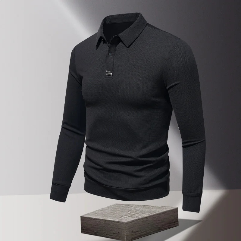 Business solid color floral letter lapel long sleeved polo Tshirt mens casual formal spring and autumn top 240828