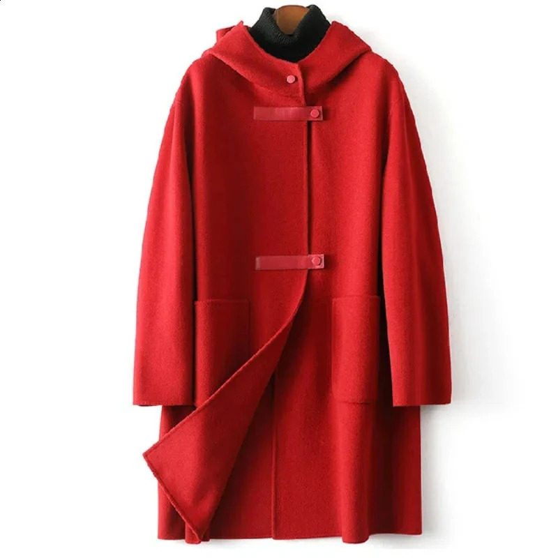 Fashion Hooded Cashmere Womens Autumn And Winter Double-Sided Windproof Hine Temperature Ultra-Thin Wool Coat