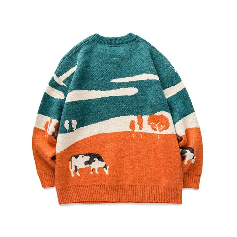 Autumn and winter mens interesting cow fresh sweater knitted and pulled round neck knitted sweater warm mens slim fit casual sweater 240829