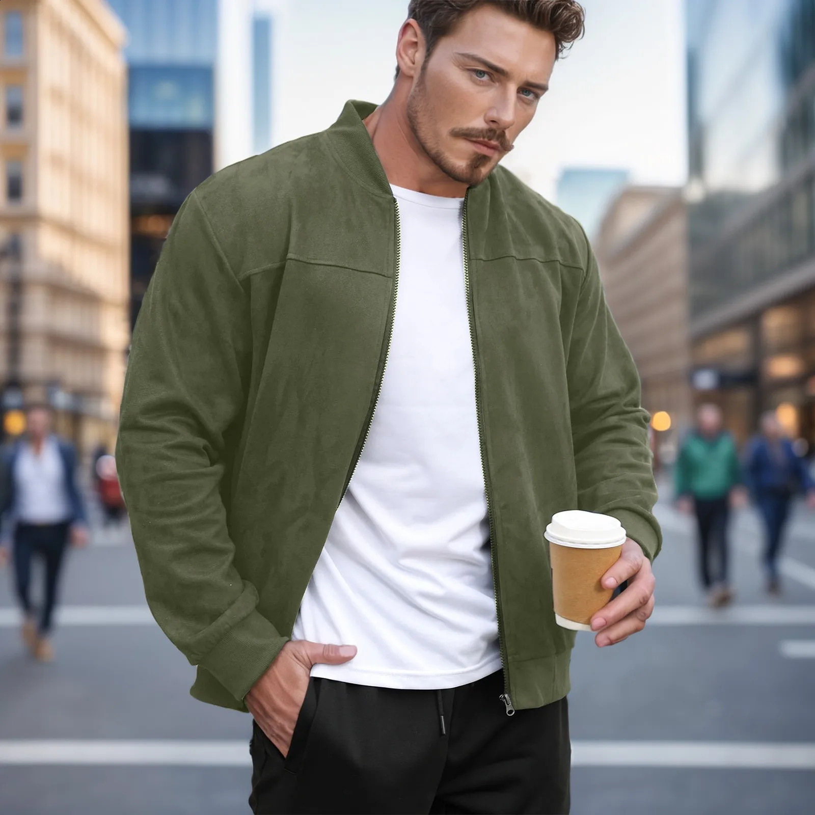 Mens solid color suede lightweight stand up collar zipper cardigan jacket casual loose business comfortable trendy 240829