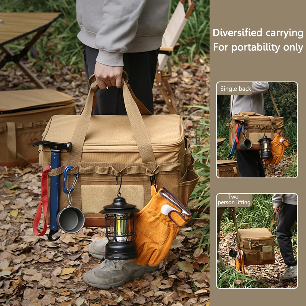30L Outdoor Camping Storage Bag Large Capacity Picnic Cooking Utensil Organizer Waterproof Folding Bottom 3 Adjustable Divider 240828