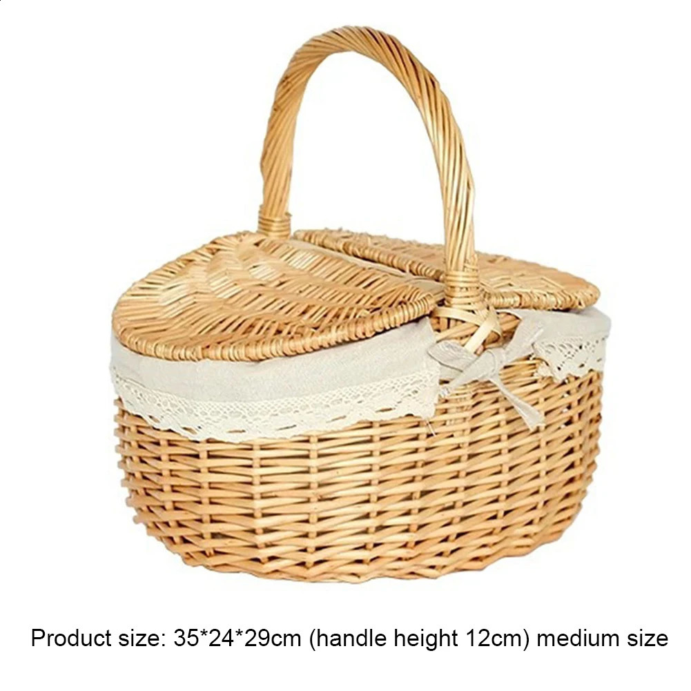 Handmade large wicker basket picnic willow woven storage with handle outdoor fruit container 240828