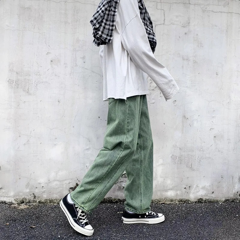 Mens fashionable straight jeans green streetwear hip-hop skateboarding casual wide leg young mens Harajuku style jeans 240829