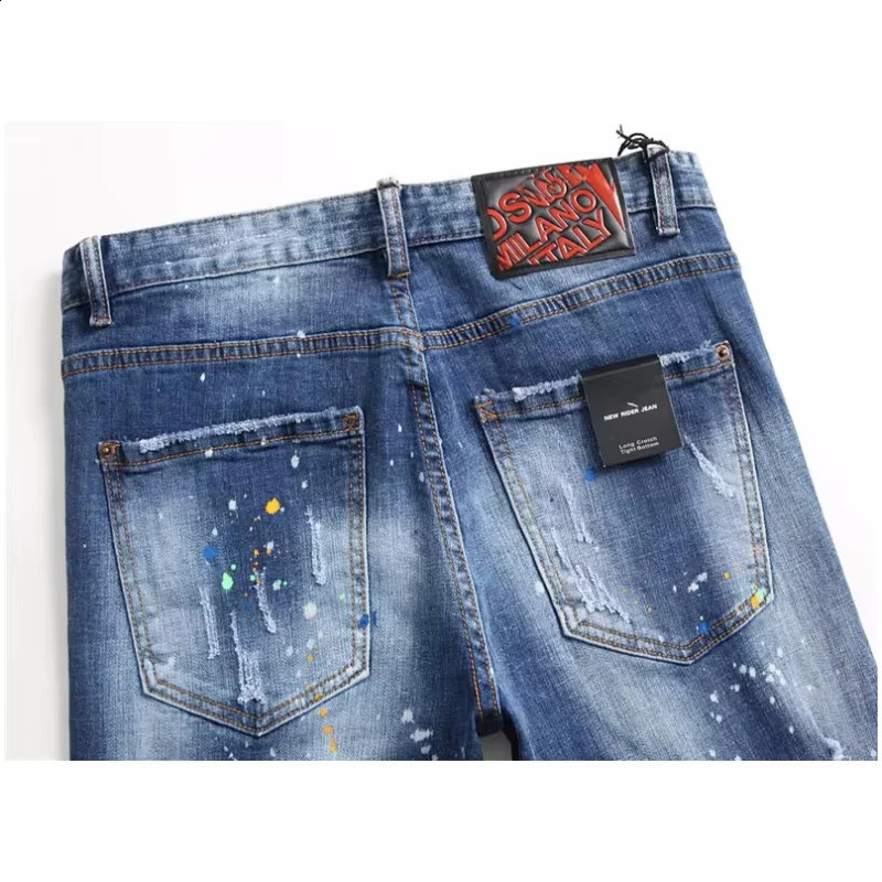 Classic mens straight embroidered jeans with perforated patches elastic paint splatter badge beggar pants 240829