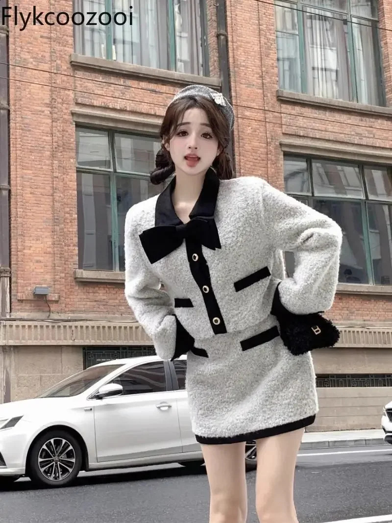 Warm bow wool short coat womens autumnwinter bag Hip Skirt twopiece set Mainland China casual coarse woolen jacket 240828