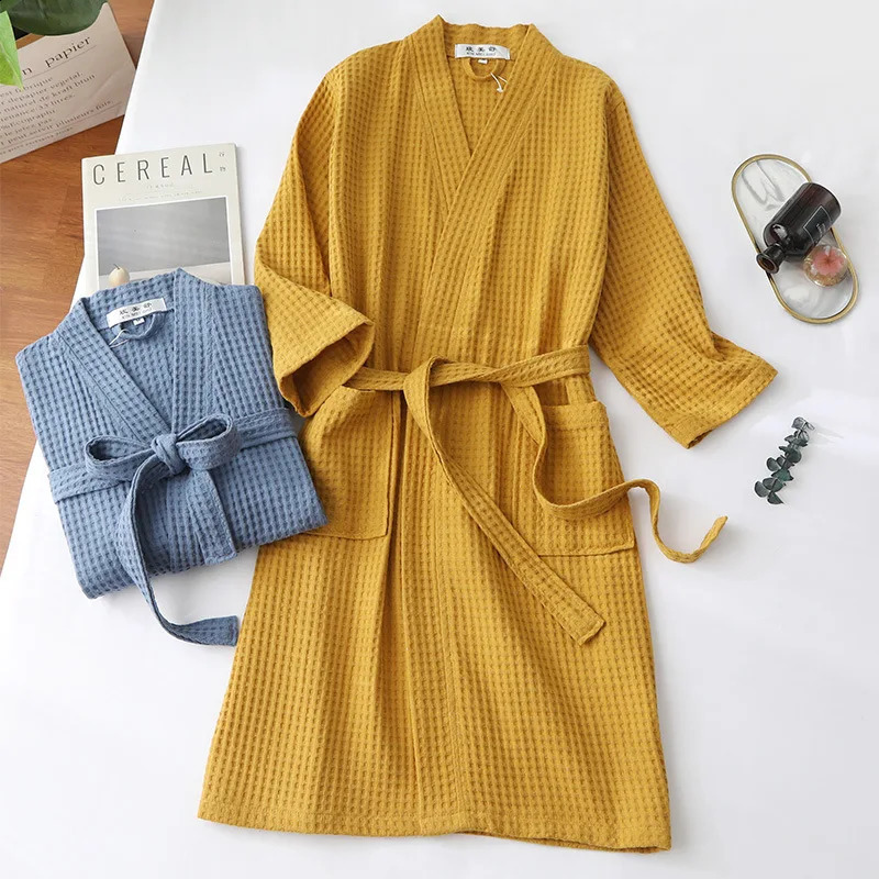 Cotton Terry Robe for Spring and Summer Thin Morning Robe Long Sleeve Waffle Bathrobe el Beauty Bath Towel for Couples 240829