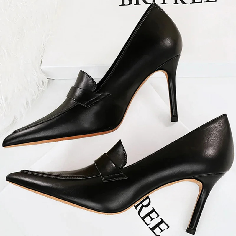 Elegant Womens 8cm High Heels Wedding Pump Bridal Classic Pu Leather Retro Slippers Womens Brown Black Office Shoes 240827