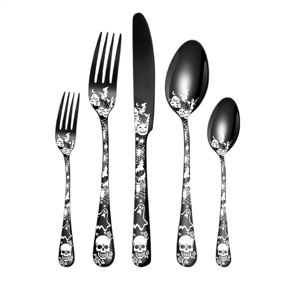 Halloween themed stainless steel tableware Western knife fork and spoon set skull patterned tableware set 240829