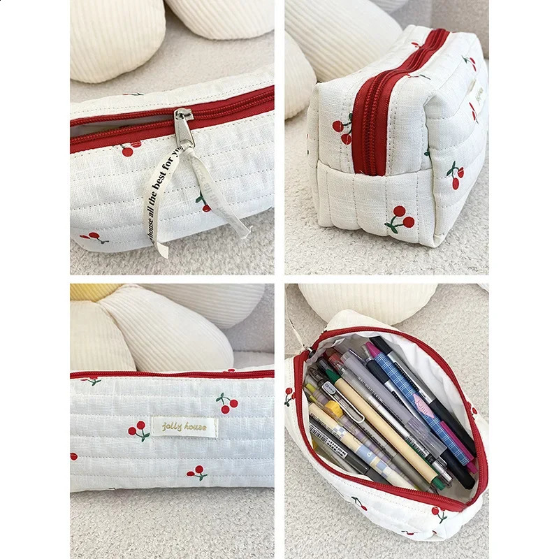 Quilted Cotton Womens Travel Storage Bag Retro Cherry Makeup Cute n Girl Pencil Box Handbag 240829