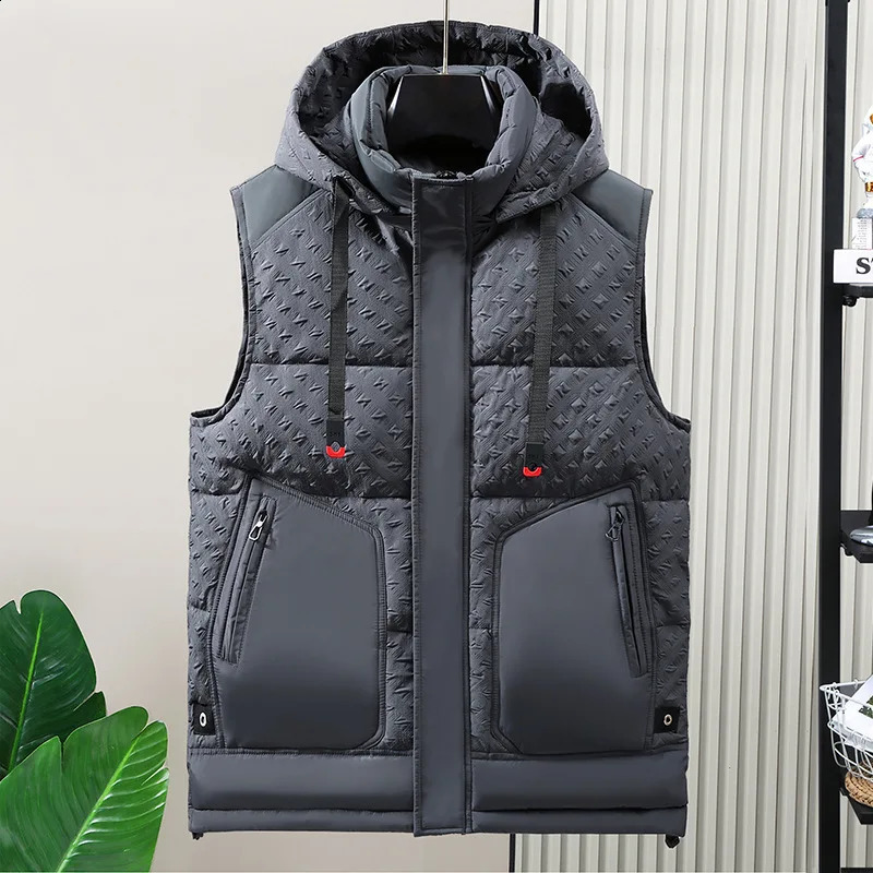 Wxw3636 black gray sleeveless jacket mens pocket thermal vest zipper thick Plus size 5XL 6XL hooded 240828