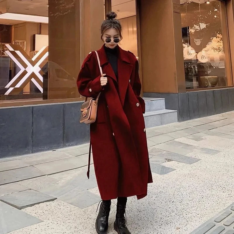 Advanced wool coat womens autumn winter button double-layer breathable long sleeved mid length knee length wool coat 240828