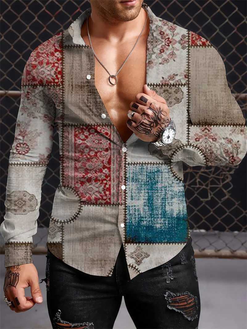 2023 Retro Mens Long Sleeve Shirt Pattern Polo Top Luxury Fashion Casual Apparel S-5XLXJ240828