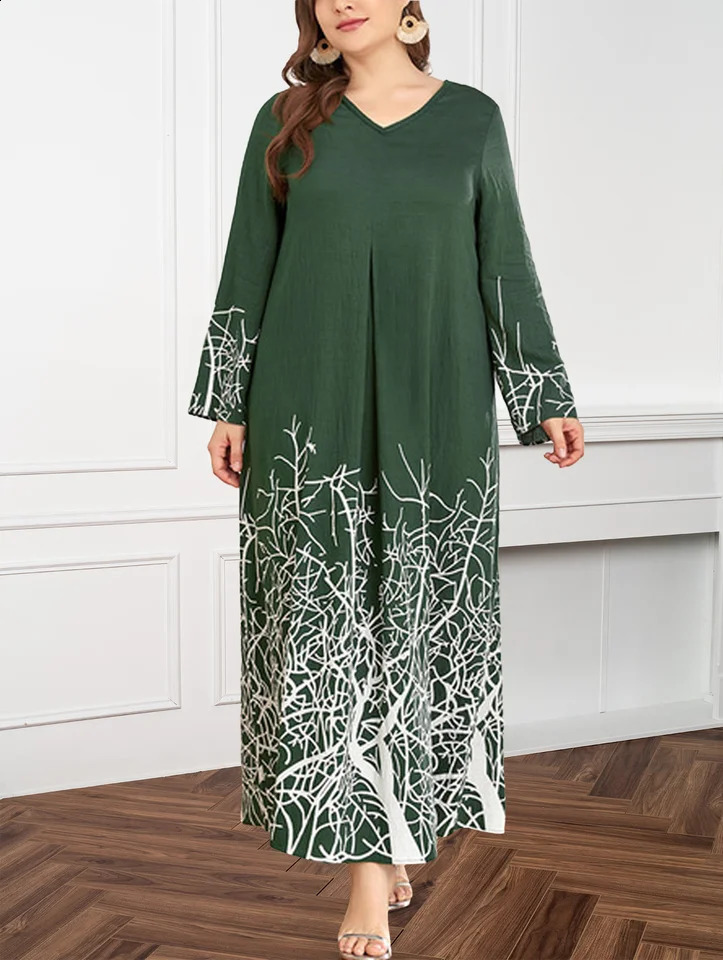 Womens plus size Vneck long sleeved floral print dress womens clothing loose straight casual round neck skirt 240828
