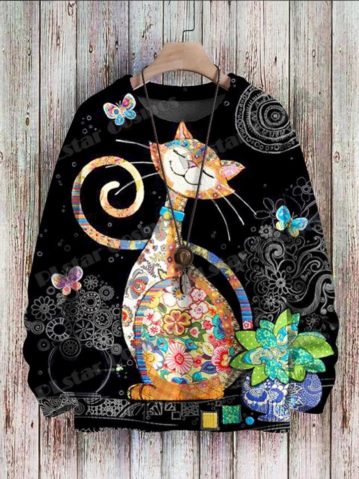 Halloween ghost and cat and retro cat patterns 3D printed mens knitted floral winter unisex casual knitted floral sweater ZZM62 240829