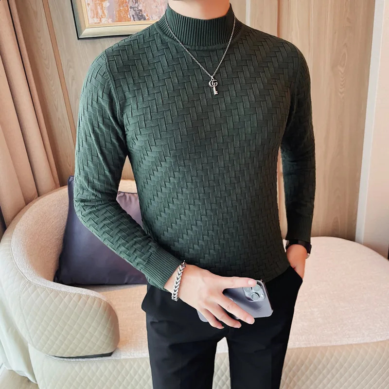 Mens Autumn Half High Collar Jacquard Knitted Sweater Long Sleeve Slim Knitted Sweater Puller 4XL-M Mens 240829
