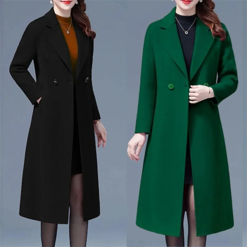 Womens collar wool long coat fashionable long sleeved single button jacket autumn and winter office womens elegant and warm wool coat 240828