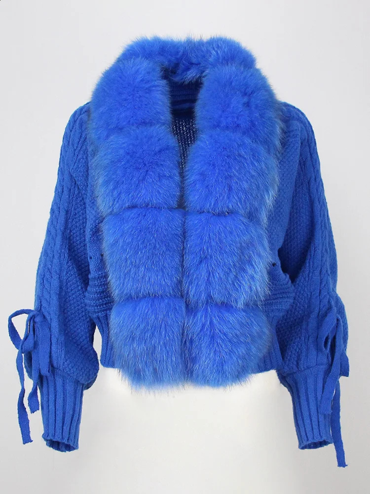 OFTBUY Winter Womens Casual True Fox Fur Collar Fashion Short Warm Loose Knitted Jacket With Natural Board Coat