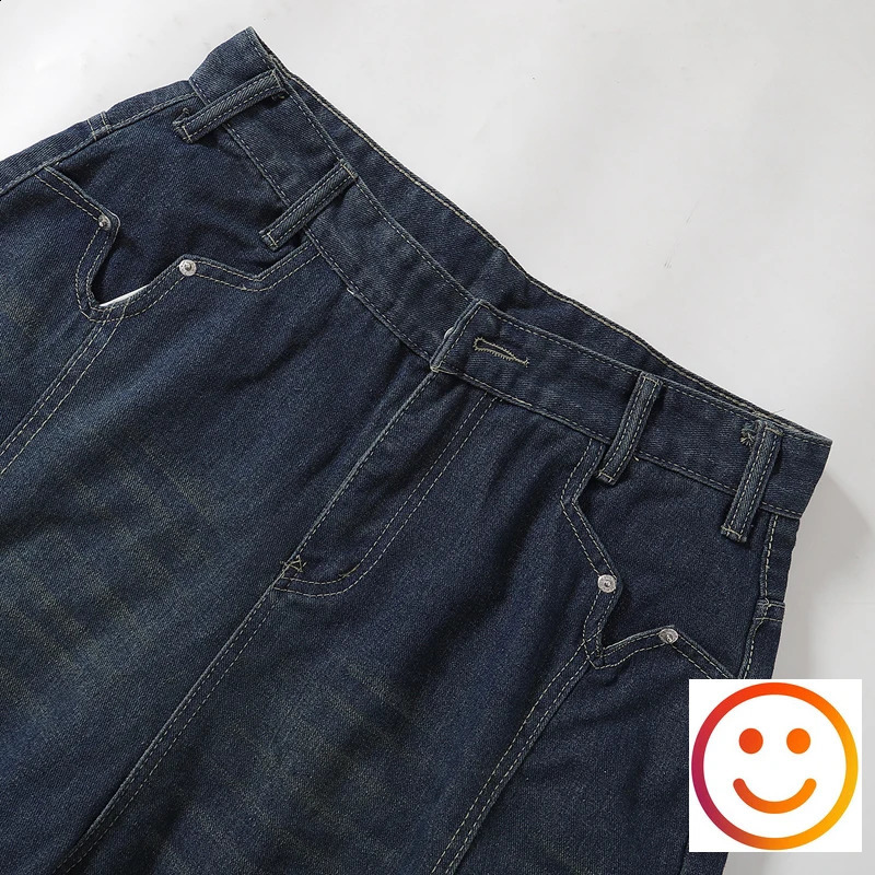 Frayed Trace TieDye Blue VPocket Denim Shorts Straight Loose Shortpant Men Women 240826Z