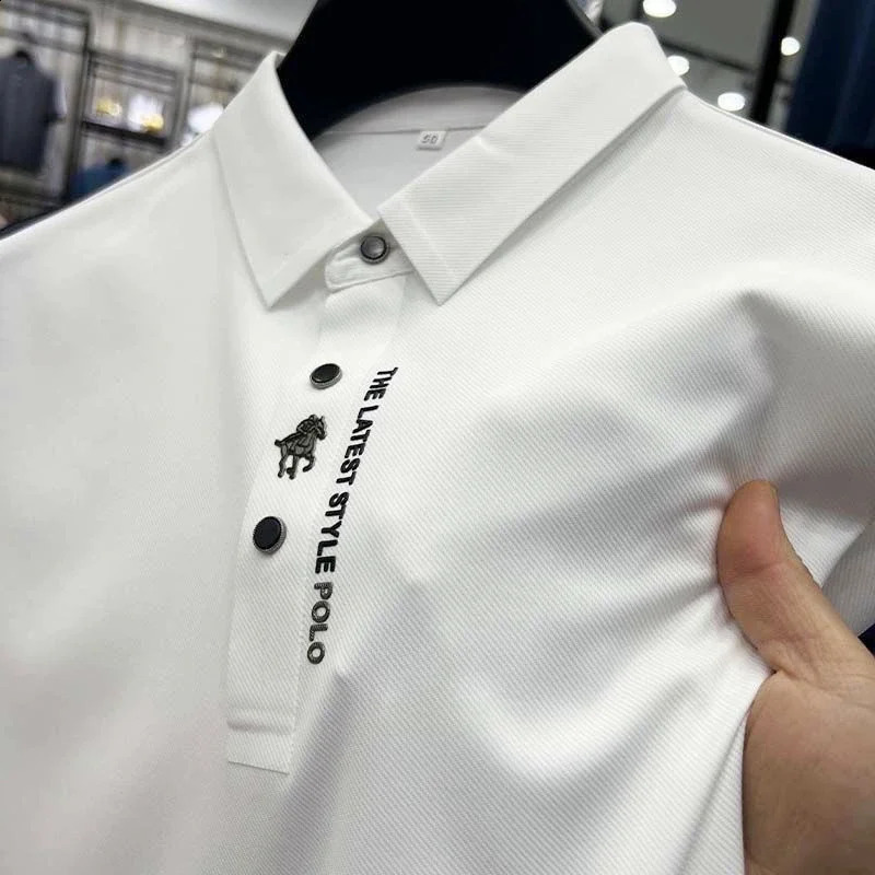 high-end ice silk short sleeved mens POLO shirt summer fashionable embroidery top breathable and cool T-shirt 240828