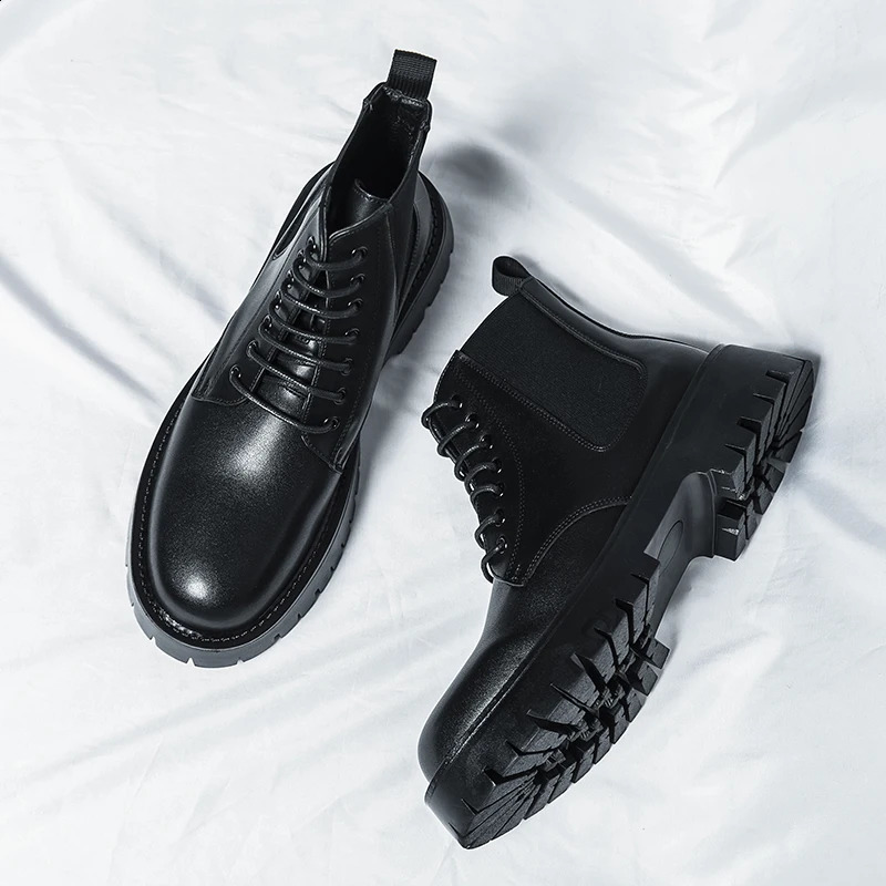 Boots Big Head Leather Autumn and Winter High Top Lacing Thick Sole Durable European Black Sizes 38-44 Men Shoes 240828