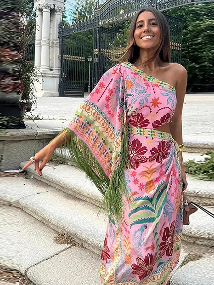 Diagonal Shoulder Tassel Midi Dress Women Chic Waist Hollow Out Asymmetric Irregular Hem Dress Summer Party Evening Vestido 240828