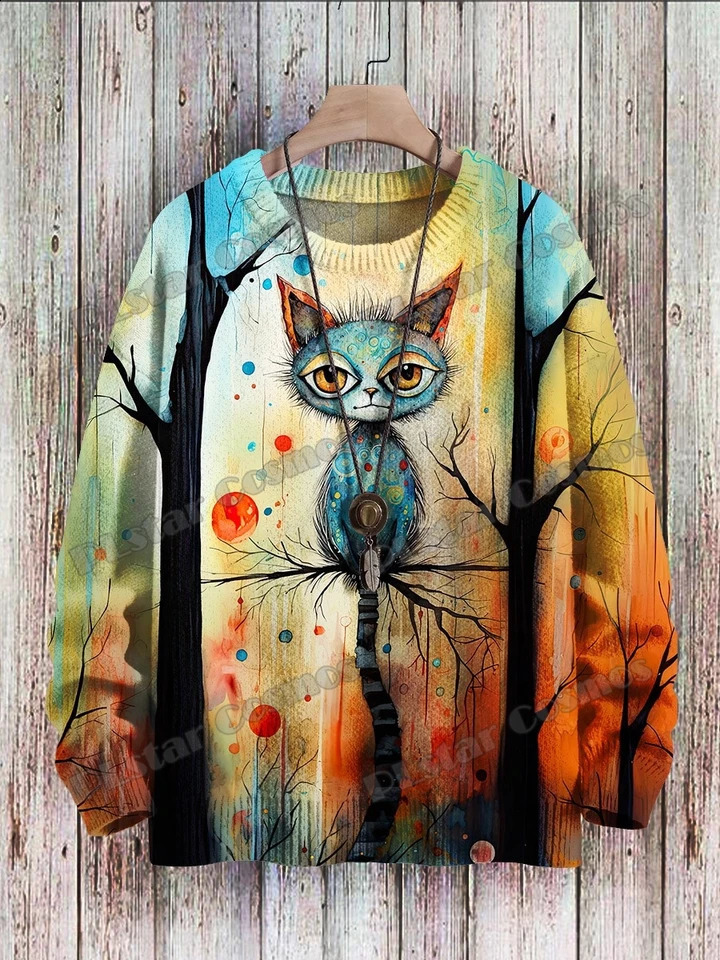 Halloween Rainbow Cat Retro Art Vibe 3D Printing Mens Knitted Pullover Winter Neutral Casual Knitted Pullover Sweater ZZM131 240829