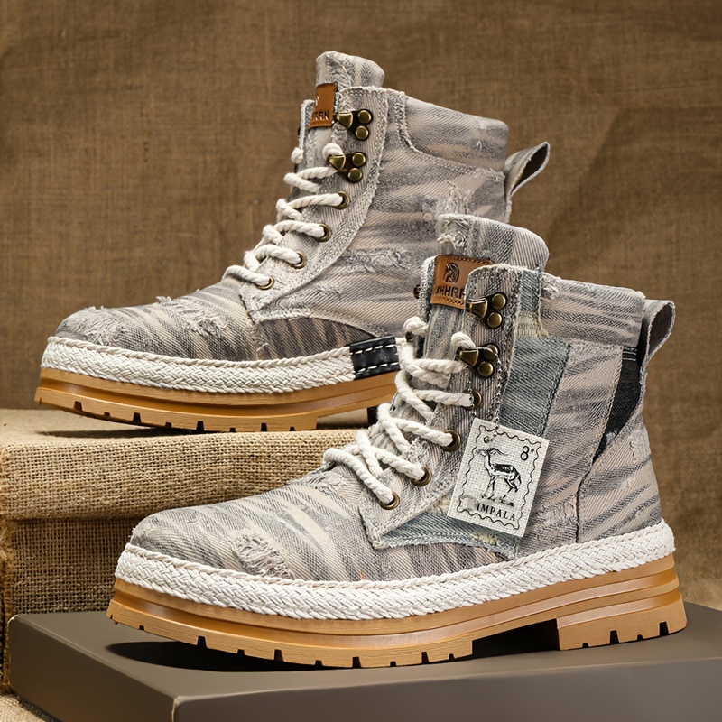 Mens Ripped Lace-Up Denim Fabric Ankle Boots Fashionable Walking Shoes, Breathable and Comfortable - Lightweight, Breathable, Suitable for Daily Wear