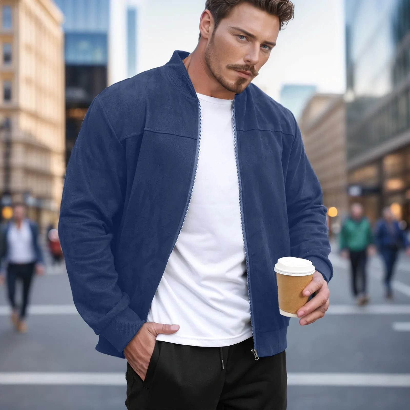 Mens solid color suede lightweight stand up collar zipper cardigan jacket casual loose business comfortable trendy 240829