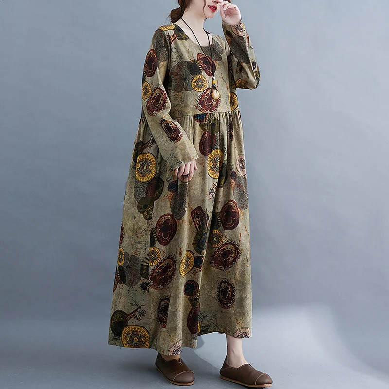 Wxw3303 vintage long skirt womens sleeved Oneck printed Aline dress loose ankle spring and autumn 240828