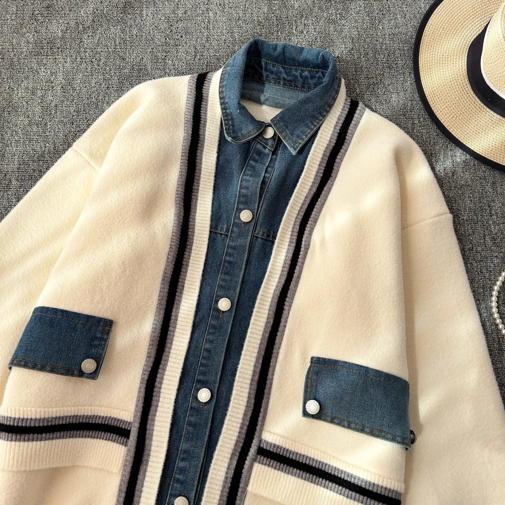 Cowboy Patchwork Cardigan Jacket womens Winter Autumn Knitted Sweater Casual Loose Coat Warmer Outerwear Women 240828