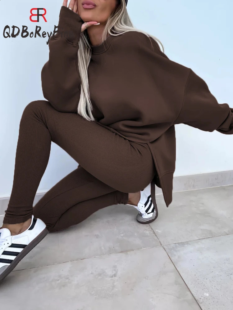 In Women Tracuit 2 Piece Sets Autumn Casual Oversized Sweatshirts Slit Fiess Slim High Waist Leggings Hoodie Set Female 240828