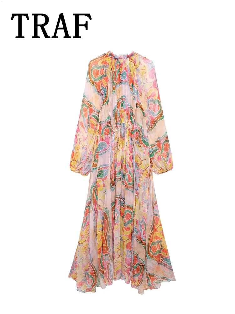 TRAF Womens Summer Midi Printed Long Sleeve Casual Elegant Party Dress 240828