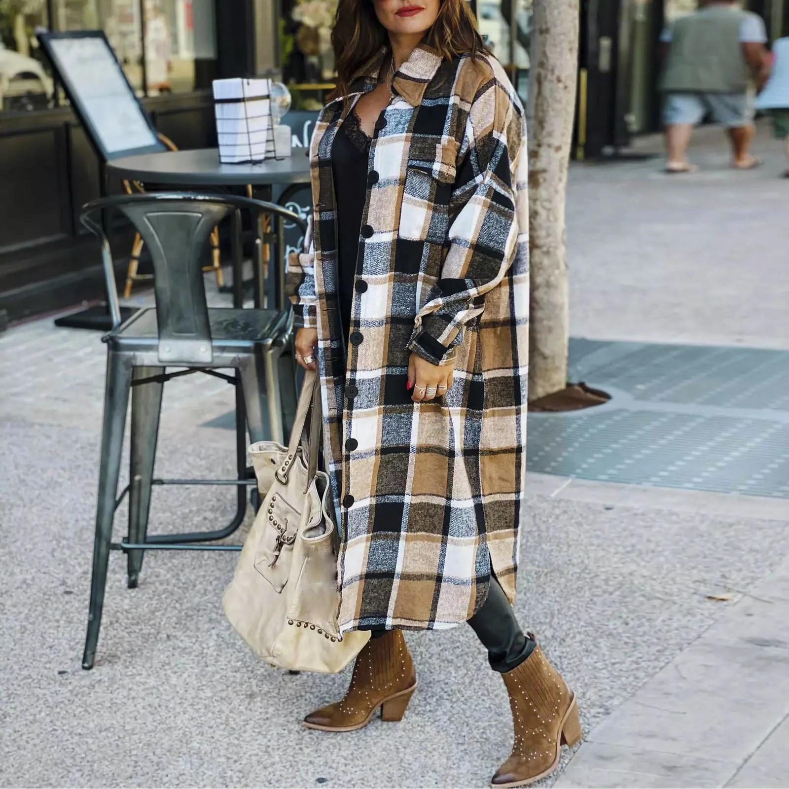 Retro Harajuku plain weave long trench coat Korean full matching womens autumn and winter wool coat long sleeved lapel coat 240828
