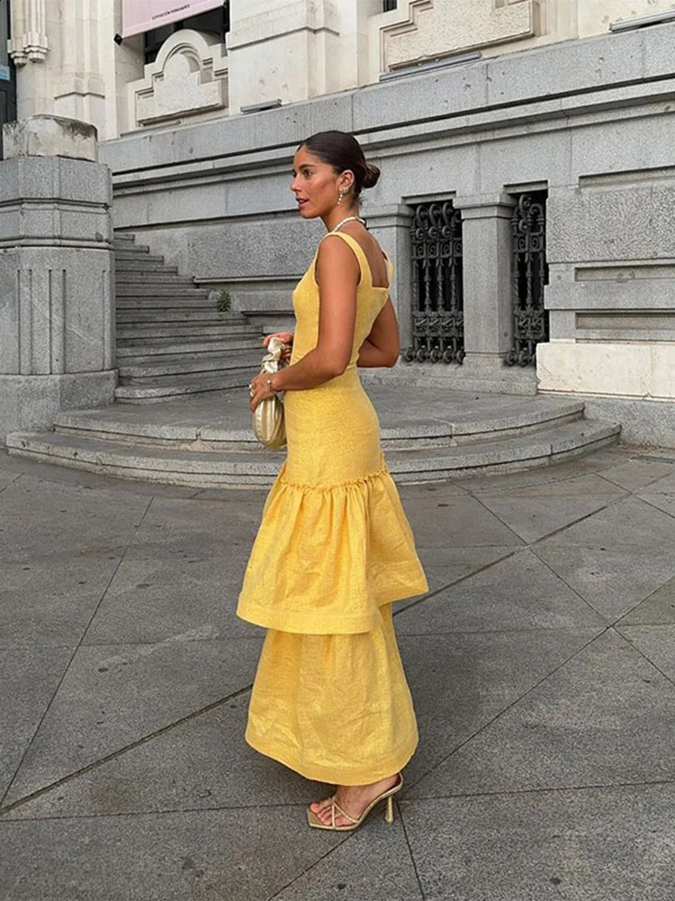 Fashion Sexy Layered Ruffled Women Dress Chic Square Collar Sleeveless Robes Summer Female Party Club Evening Dresses