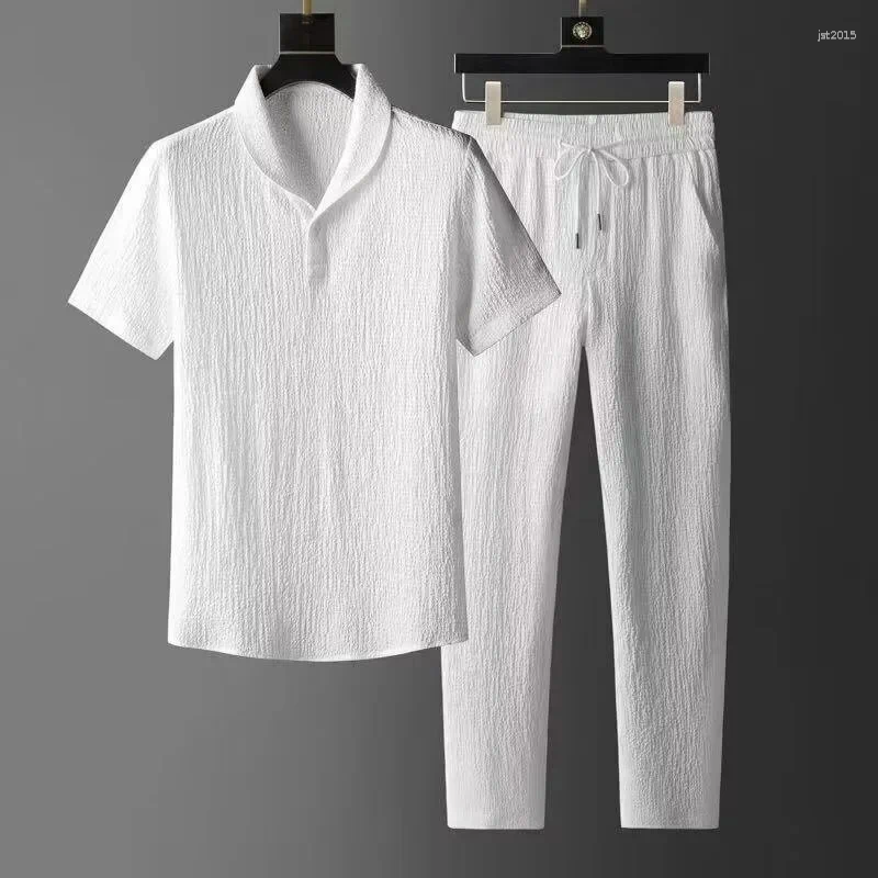 Men's Tracksuits Summer Ultra-thin Sleeveless Ice Silk Linen Suit Cotton Set Oversized Loose-fit Mid-sleeve T-shirt Sports Wear