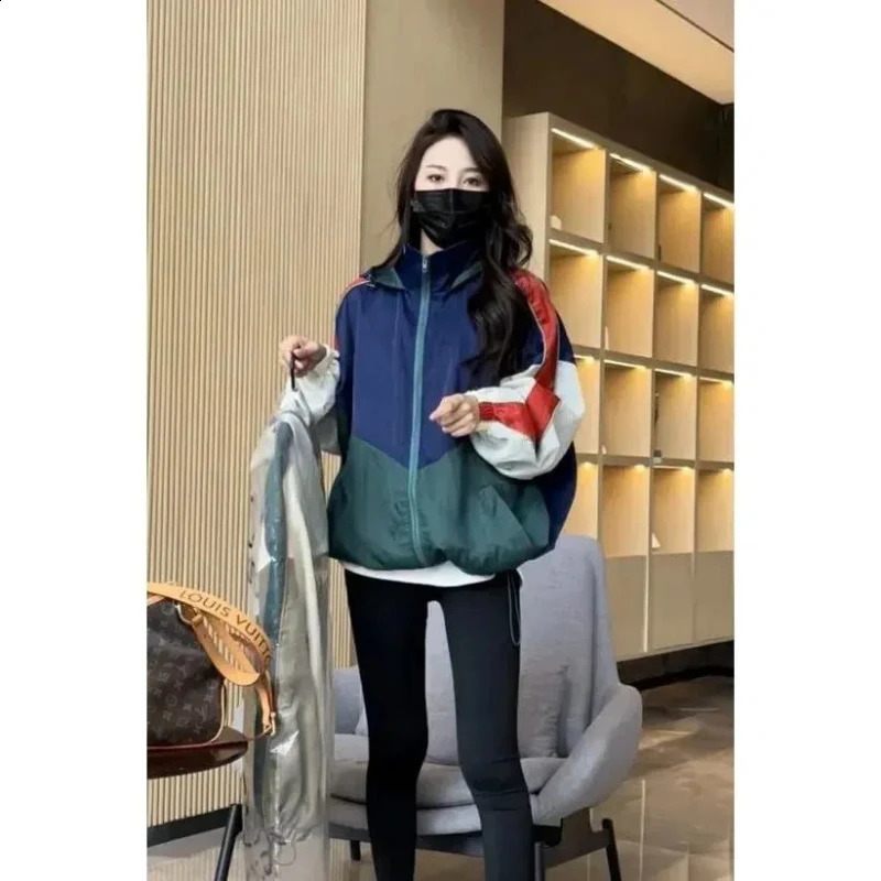 Womens Contrasting Color Patchwork Stand Up Collar Hooded Sunscreen Jacket Zippered Cardigan for Outerwear Summer Jackets 240828