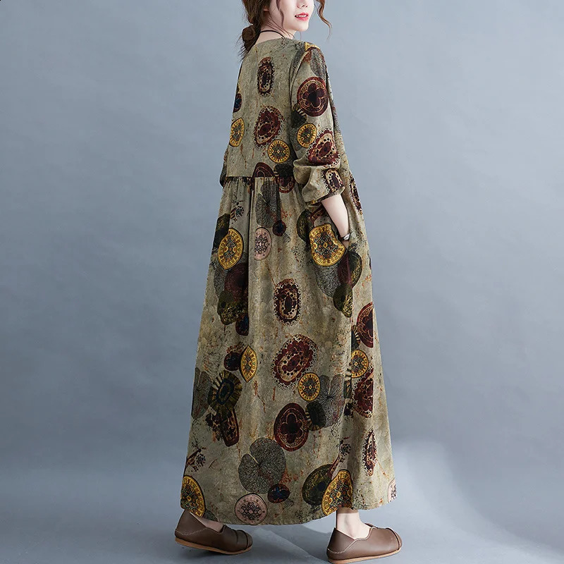 Wxw3303 vintage long skirt womens sleeved Oneck printed Aline dress loose ankle spring and autumn 240828