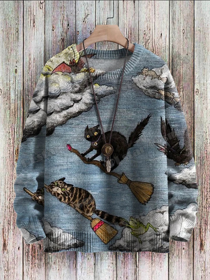 Fun Halloween Cat Frog Crow Bat Pattern 3D Printed Mens Knitted Pullover Winter Neutral Casual Knitted Pullover Sweater ZZM132 240829