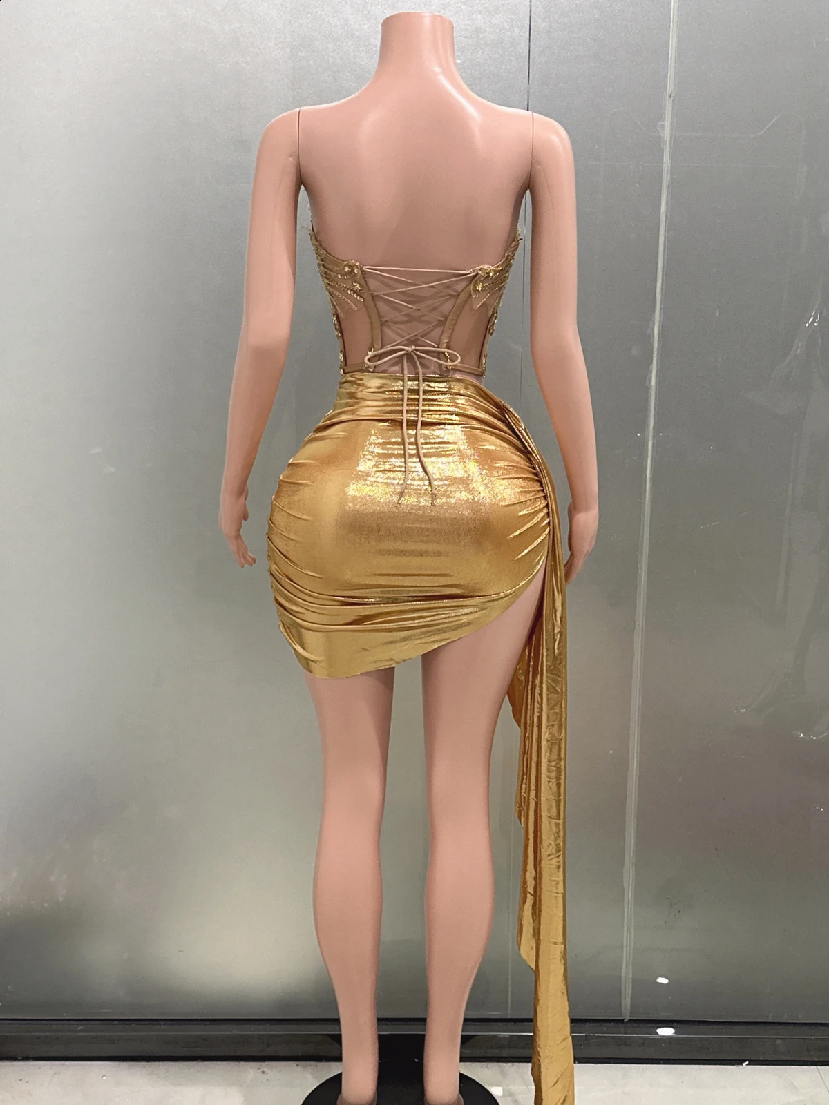 Gold Color Women Sexy 2 Pieces Strapless Bodycon Mini Dress Bar Singer Nightclub Party Celebrate Birthday Wholesale 240828