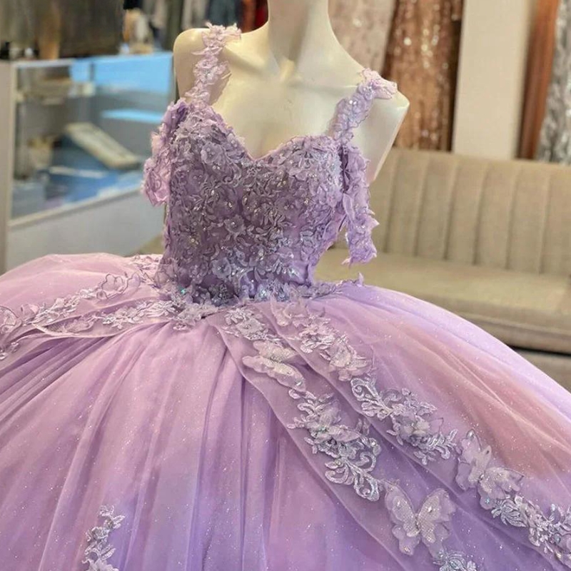 Lilac Ball Gown Quinceanera Dresses Spaghetti Sequined Appliques Lace Beads Tull Vestidos De 15 Anos Sweet 16 Dress
