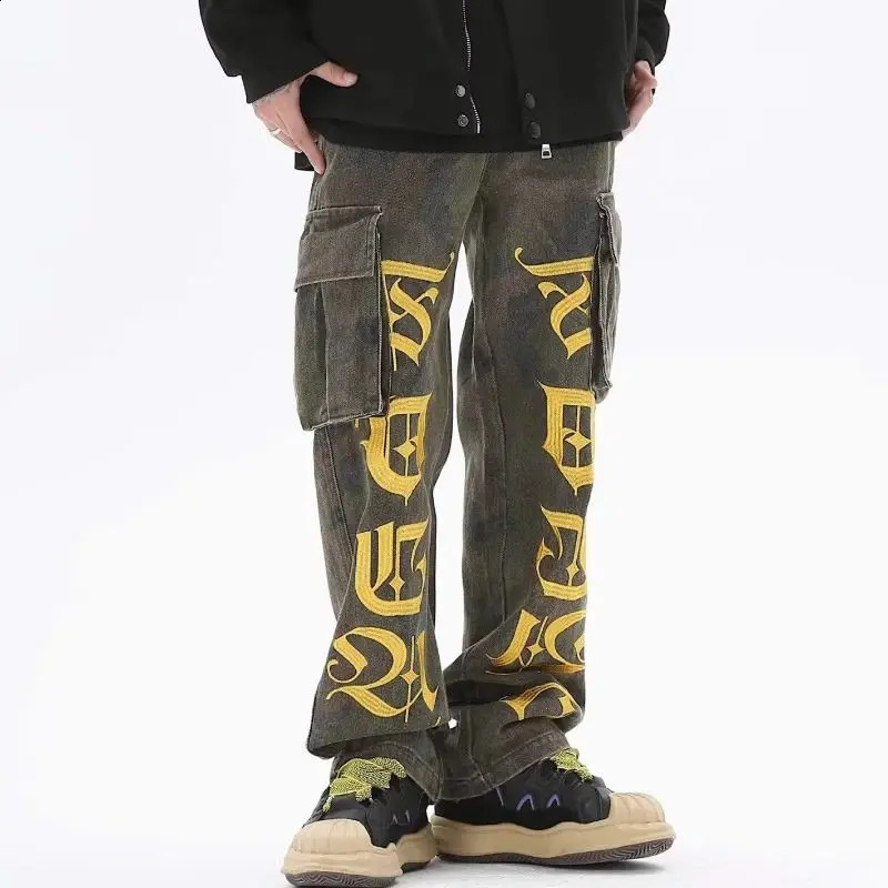 American Camouflage Multi Pocket Work Jeans Mens Trendy Automatic Loose Fashion Retro Straight Through Trendy High Street Pants 240829