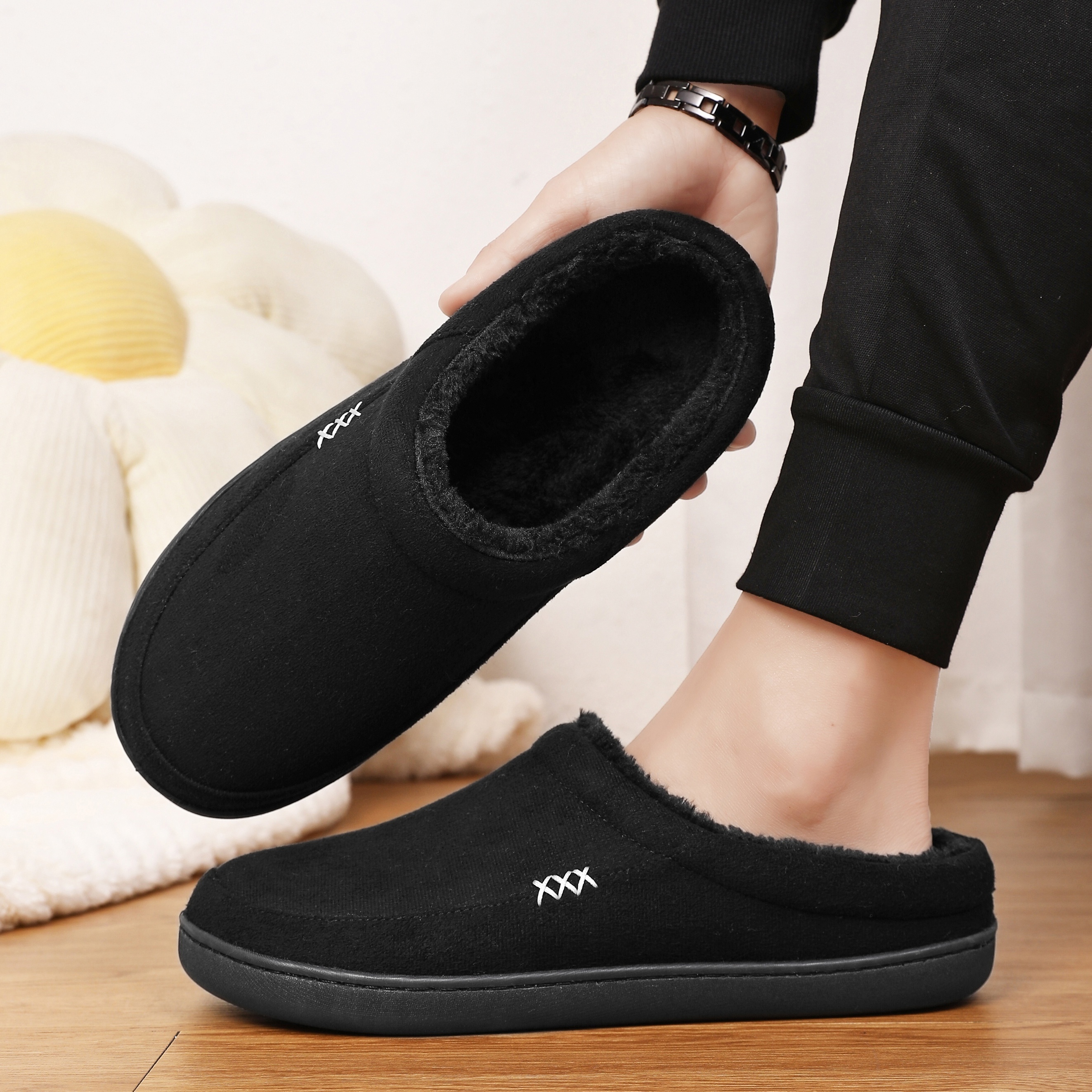 PLUS SIZE Mens Solid Ultra-Cozy House Slippers - Lightweight, Ventilated & Anti-Skid - Plush Fleece Lined Slip-ons for Effortless Indoor - Ideal for A