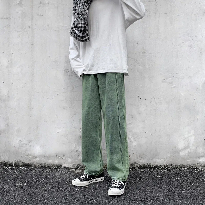 Mens fashionable straight jeans green streetwear hip-hop skateboarding casual wide leg young mens Harajuku style jeans 240829