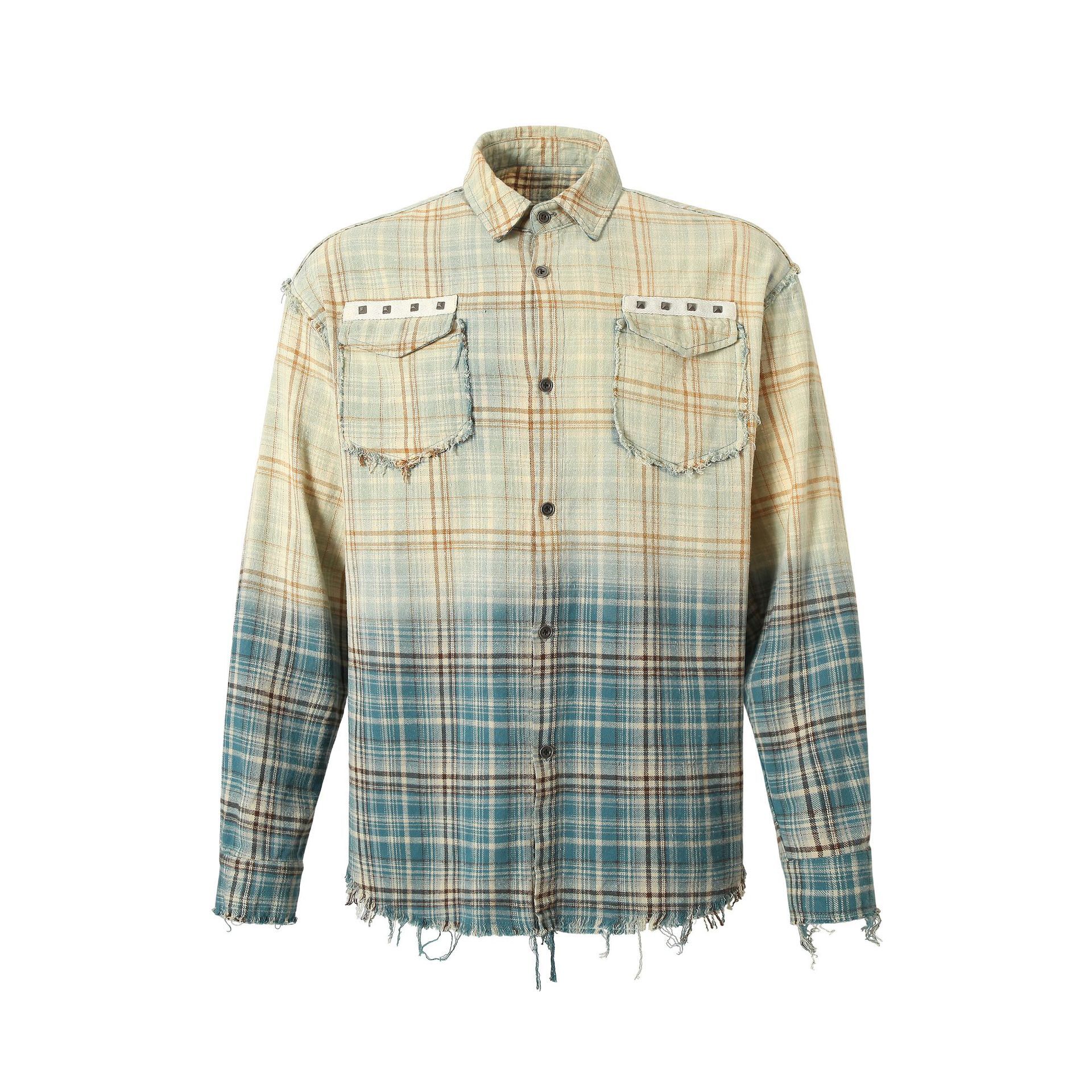 American Plaid Gradient Casual Long Sleeved Shirt for Men and Women Worn Hem Couple Jacket Jacket