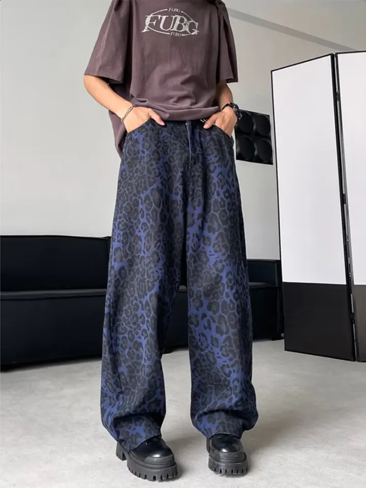 American Blue Panther Printed Jeans American Hip Hop Mens Pants Street Clothing Pocket Y2K Mens Retro Harajuku Trou 240829