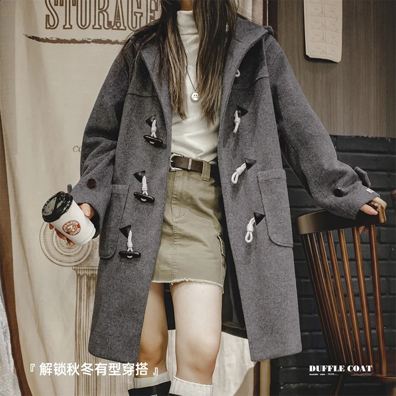 Maden womens medium length British wool coat horn button wool coat autumn winter 240828