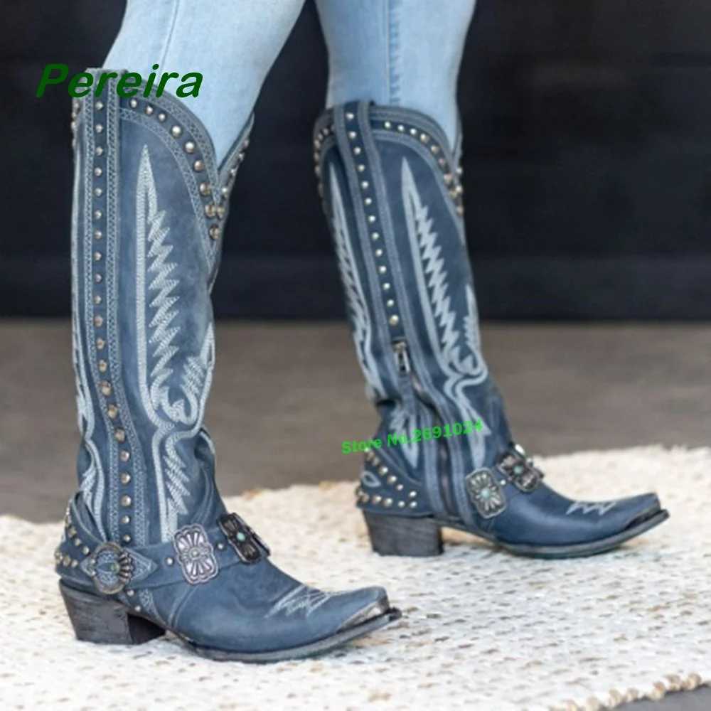 Embroidered Cowboy Square Toe Chunky Heels Metal Decorative Knee Boots Casual Winter Latest Size 46 Womens Y240829IEN2