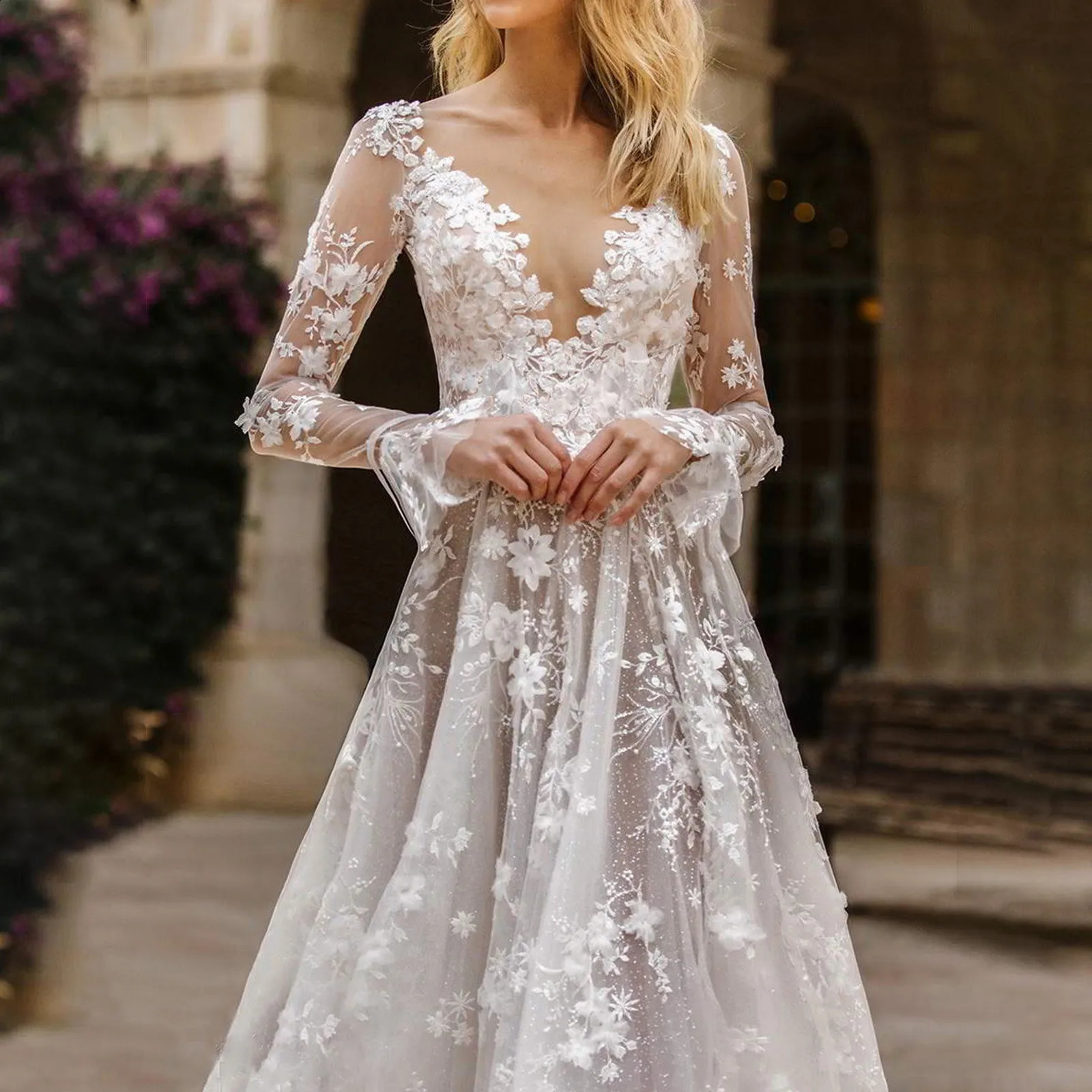 Elegant High Waist Wedding Dress Womens Clothing Pure White Long Sleeve Solid Color Printed Ball 240828