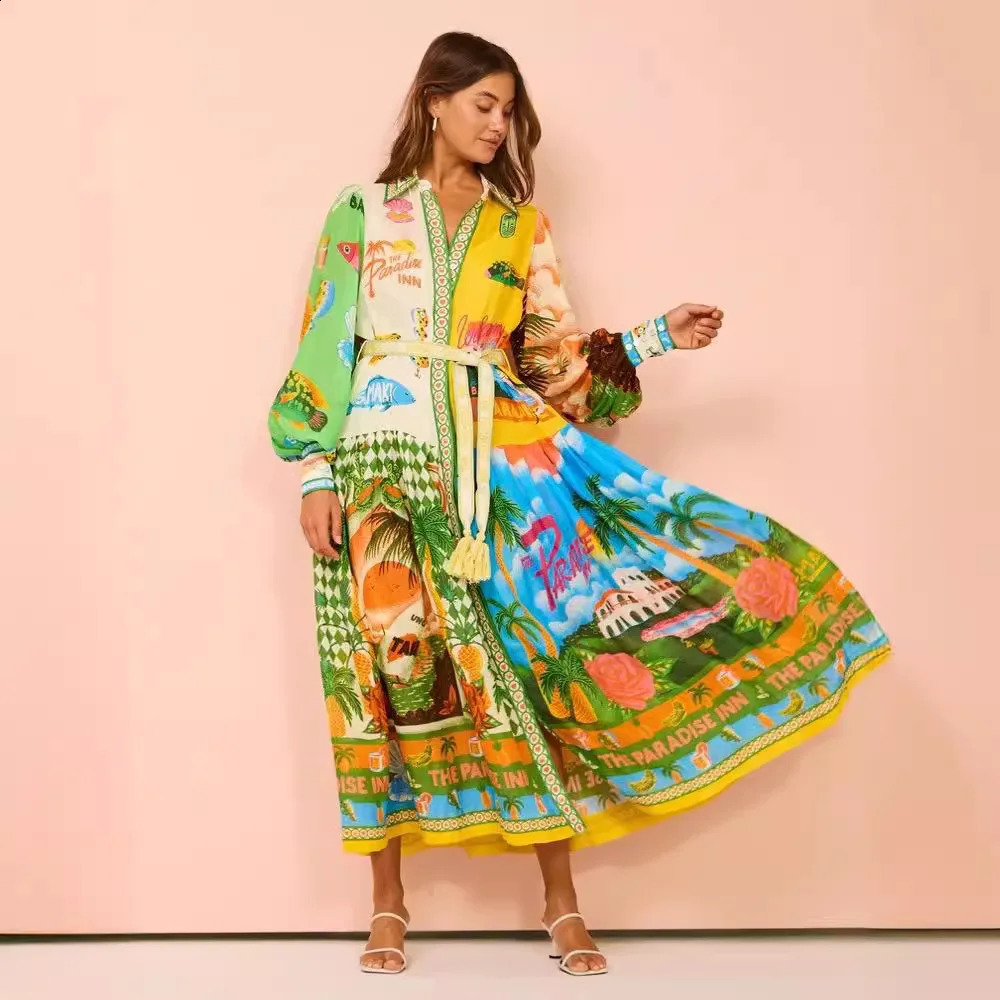 Single Chest Long Lantern Sleeve Graffiti Printed Tie Waist Dress Pleated Square Necklace Sleeves Mid