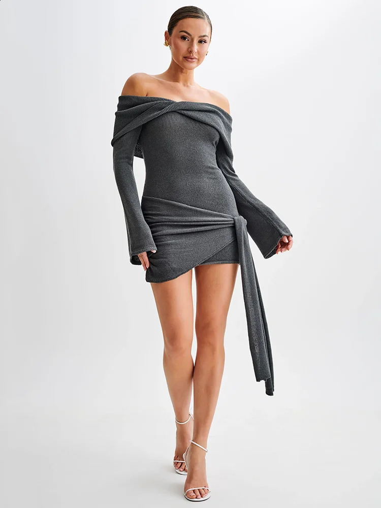 Mozision Shoulder Knitted Womens Mini Dress AutumnWinter Style Strapless Strap Long Sleeve Ruffle 240828